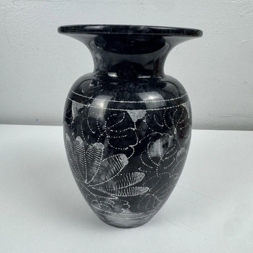Black Stone Floral Etched Flower Vase Jar Small Decorative Modern Contemporary